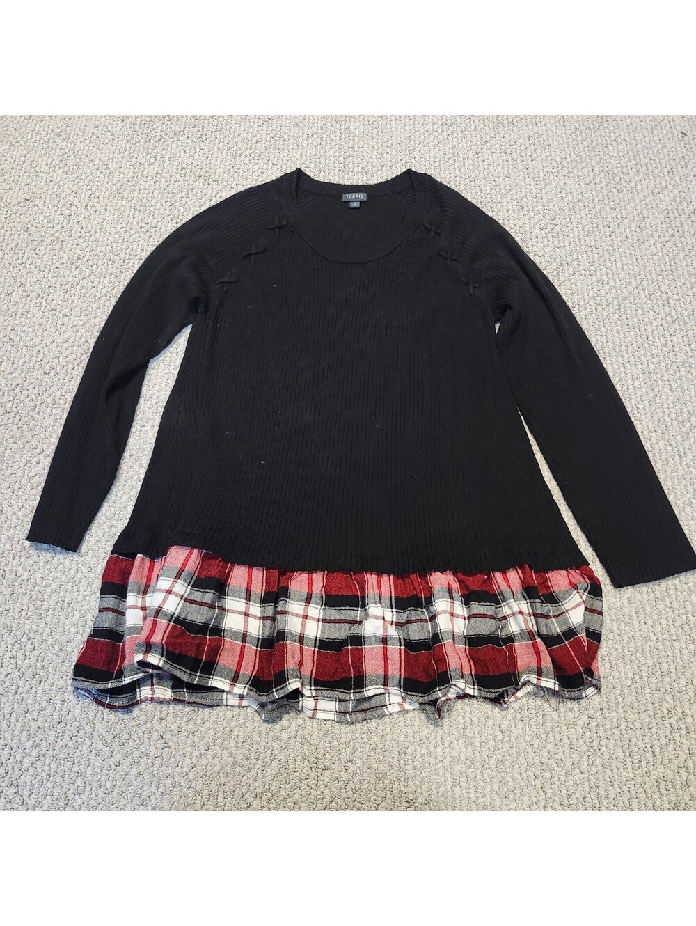 Torrid Black Ribbed Long Sleeve Top with Red Plaid Ruffle Hem Size 3